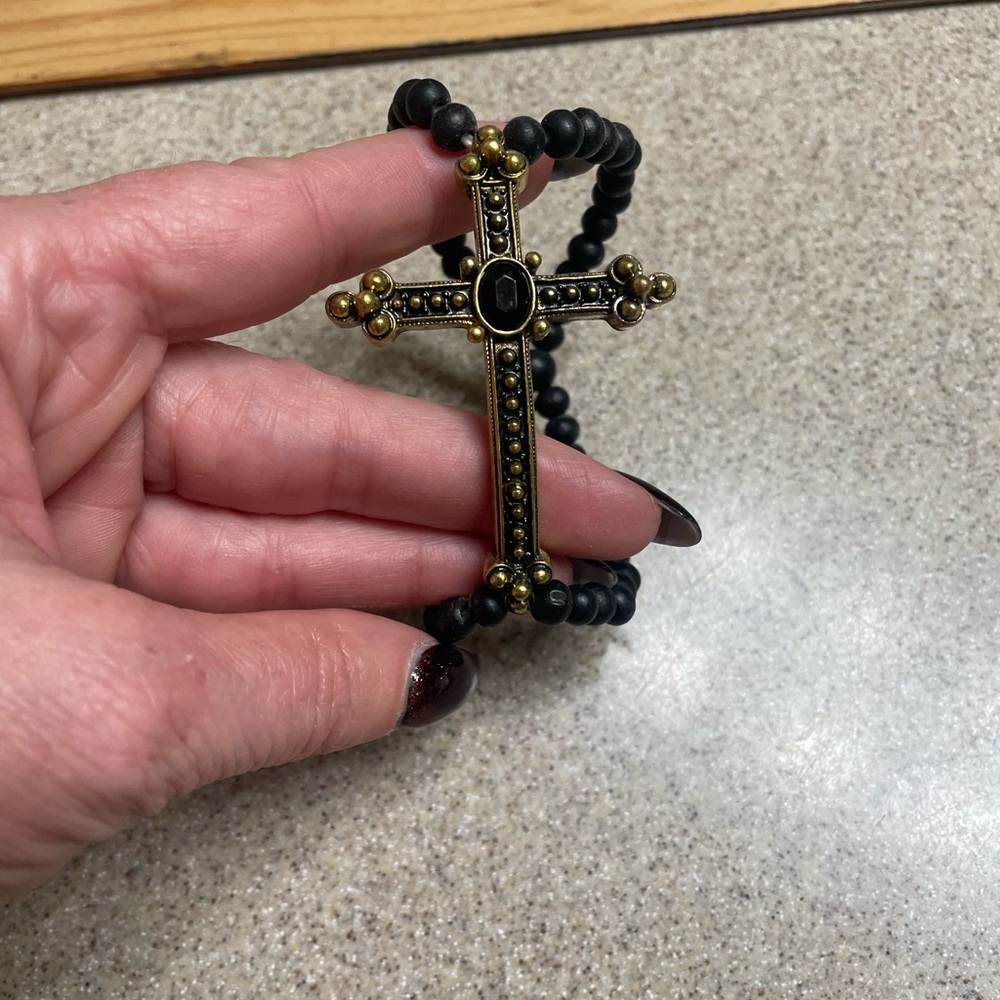 Beaded Cross Stretch Bracelet in Black and Antique Gold